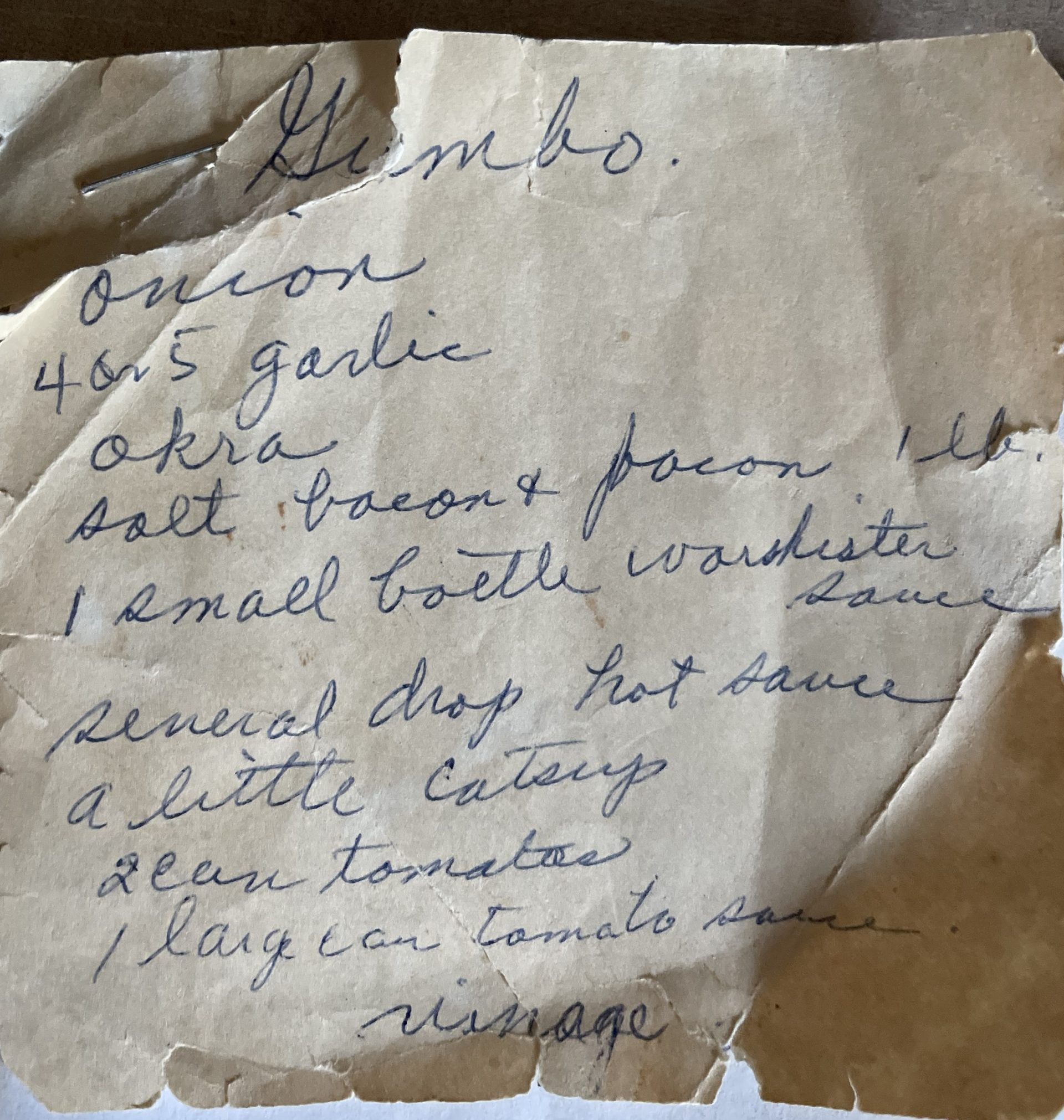 Original handwritten gumbo recipe